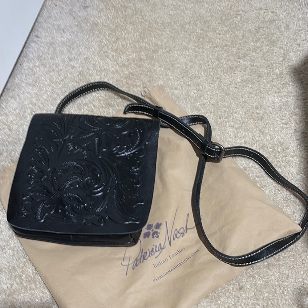 Patricia Nash Black Embossed Leather Crossbody Satchel